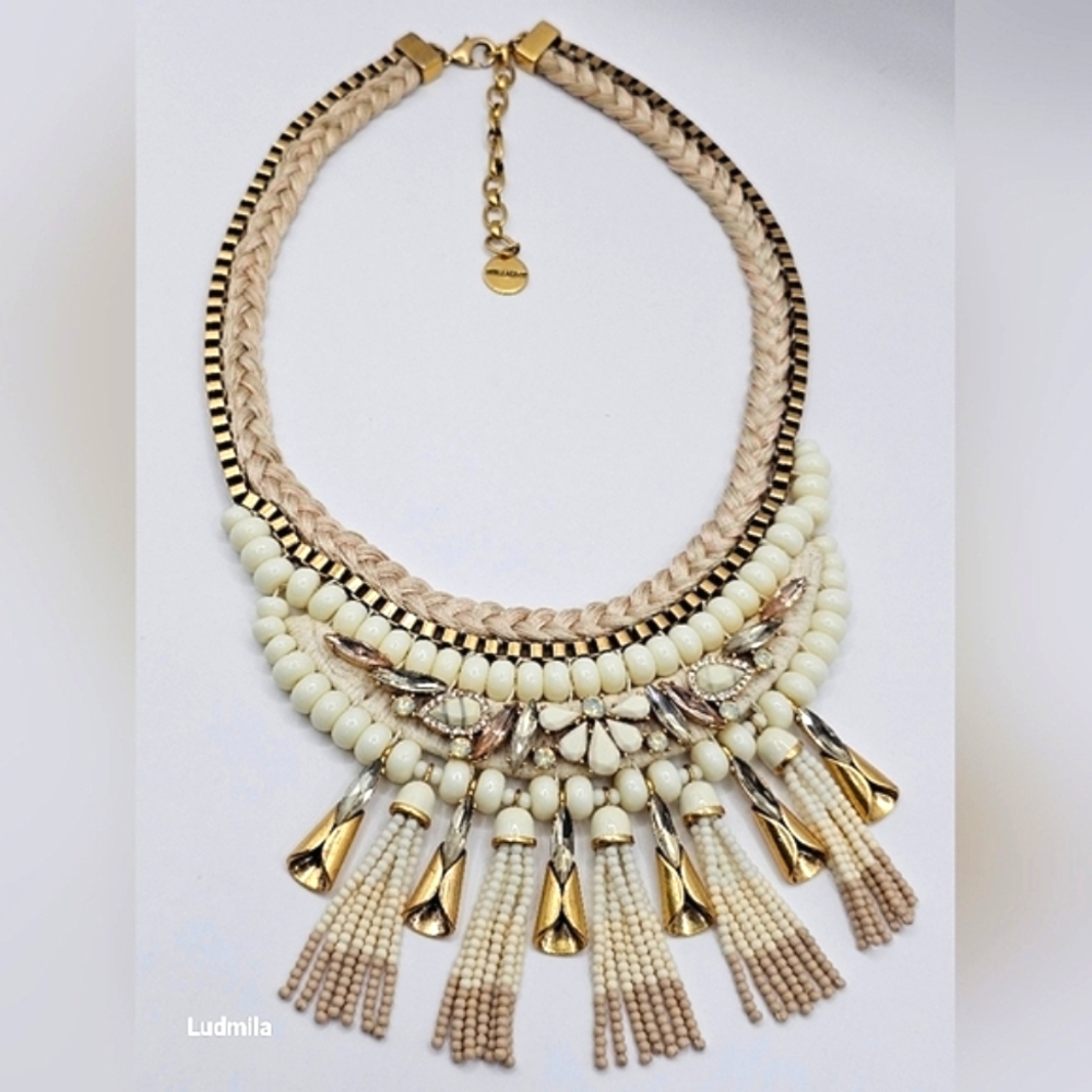 STELLA & DOT Gold-toned and Cream Statement Beaded‎ Tassel Necklace